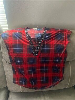 paper tee Red Plaid Lace-Up V-Neck Blouse